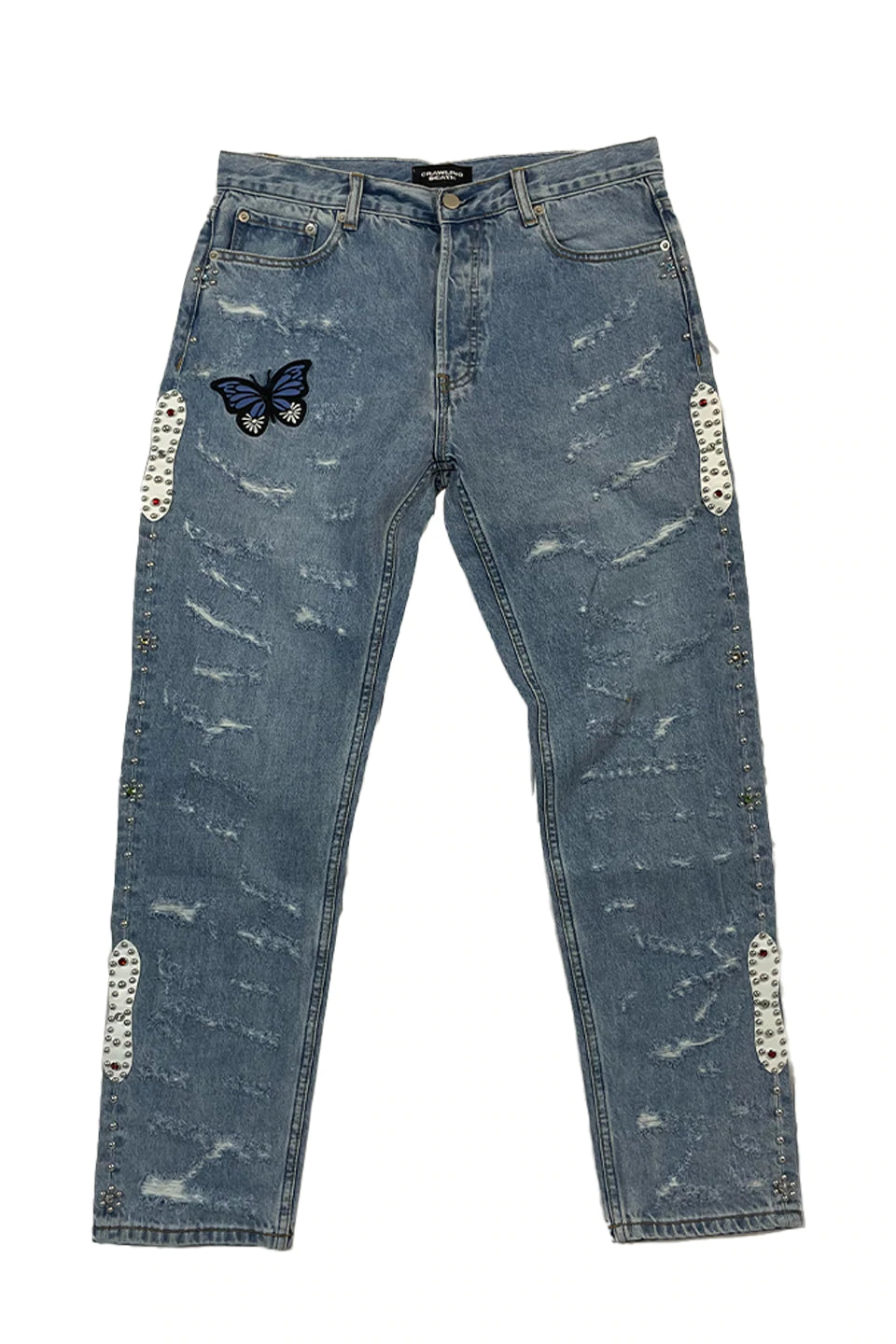 STUGAZI DENIM x CRAWING DEATH BUTTERFLY RHINESTONE DAMAGED DENIM